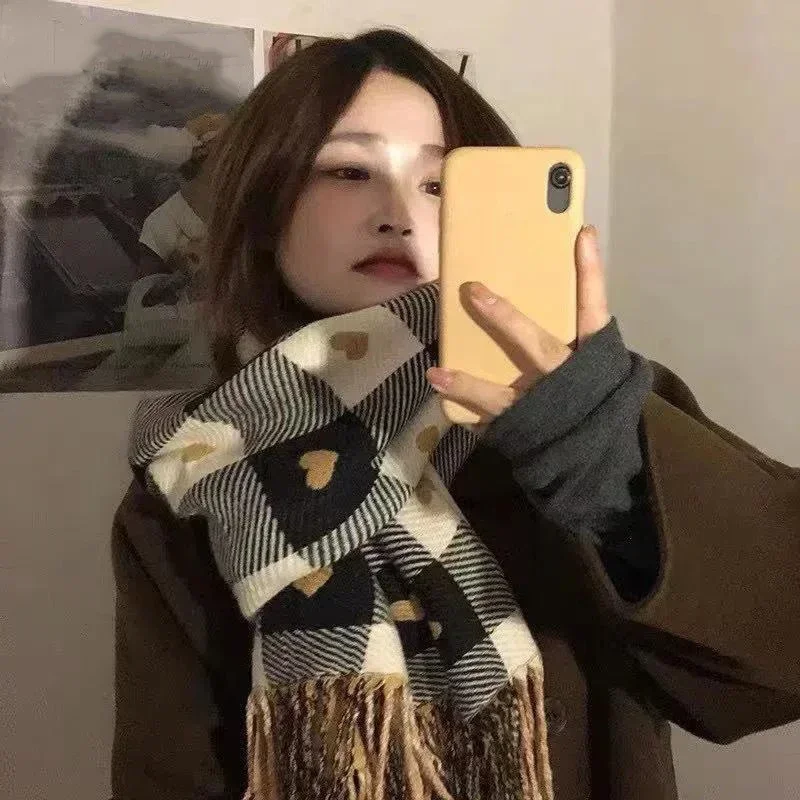 

Fall Winter Imitation Cashmere Women's Double-sided Love Plaid Scarf Korean Tassel Warm Large Shawl Versatile Thick Wrap E566