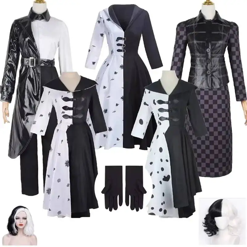 

Girl Movies Cruella Cosplay Costume Adult Women Dress Halloween 101 Daltics Black White Clothes