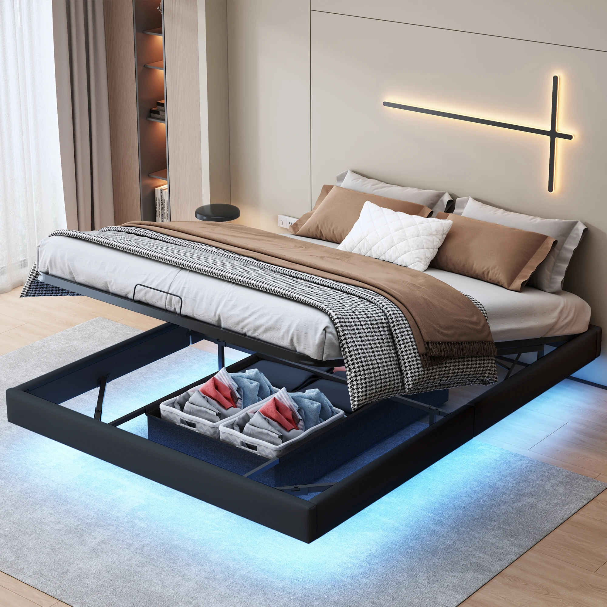 Anajqaqia Cama doble tapizada de 160×200 cm, cama con almacenamiento hidráulico tapizada en PU con tira de luces LED y somier de listones, sin cabecero, color negro