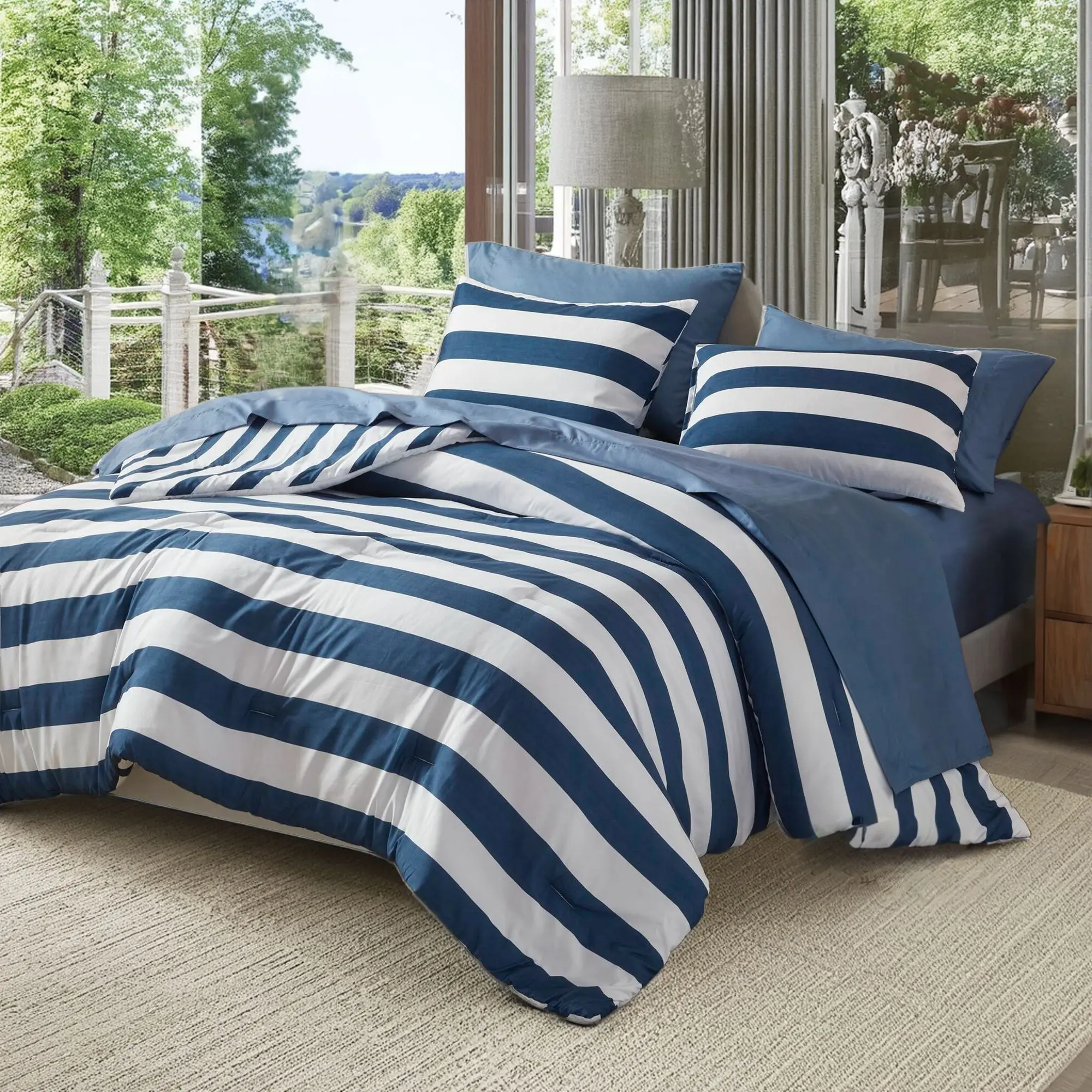 7-Piece Bed in A Bag Reversible Comforter Set with Textured Stripes Design-Warm & Cozy Bed Set — Twin/Full/Queen/King —