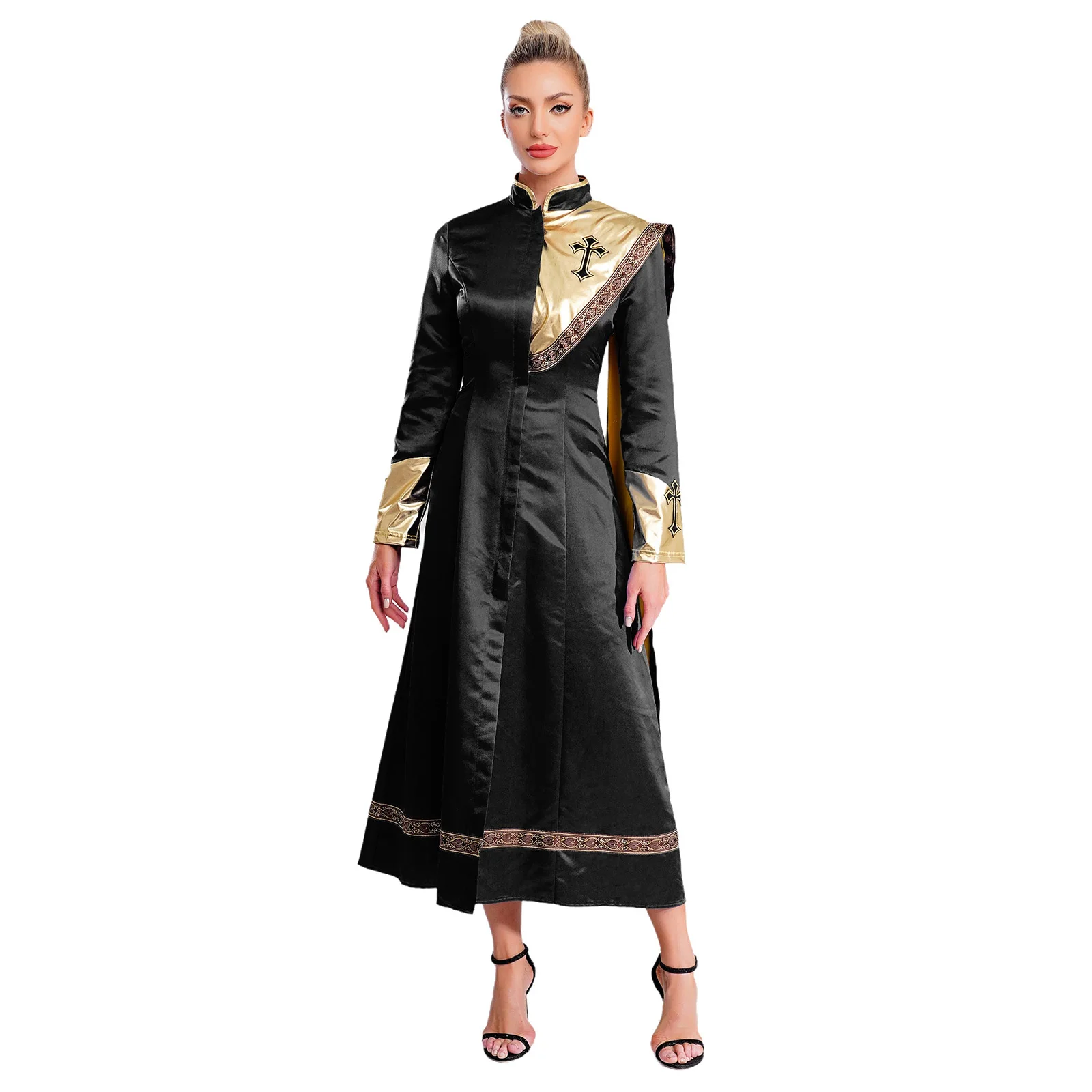 

Womens Halloween Priest Long Robe Metallic Shiny Patchwork One Shoulder Drape Zipper Jackets Coats Church Clergy Cassock Dress