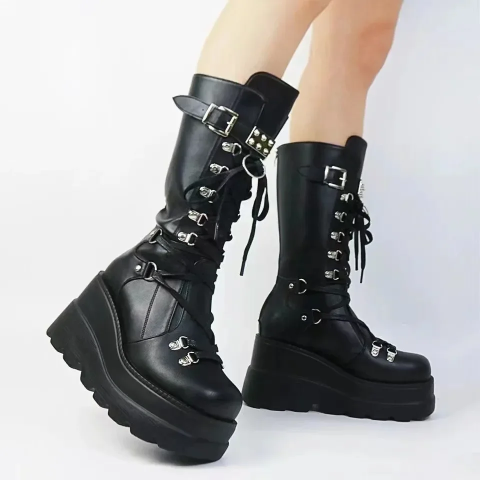 Brand New Ladies Goth Platform Boots Fashion Rivet Buckle Punk Wedges High Heels women's Boots Party Street Cosplay Woman Shoes