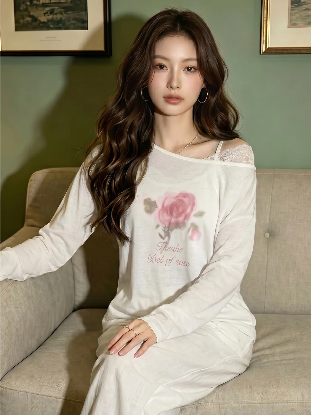Meng Xiaoqi Rose Print Asymmetrical Shoulder Long Sleeve T-Shirt Women Summer Loose Fit Lace Splice Slimming Shoulder Baring Top