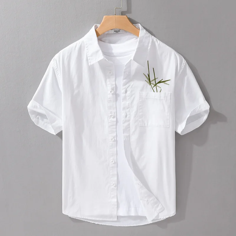 

979 Summer Simple Bamboo Embroidery Short Sleeve For Man Causal Loose Lapel Comfortable Cotton Linen Soft Leisure Shirts Tops