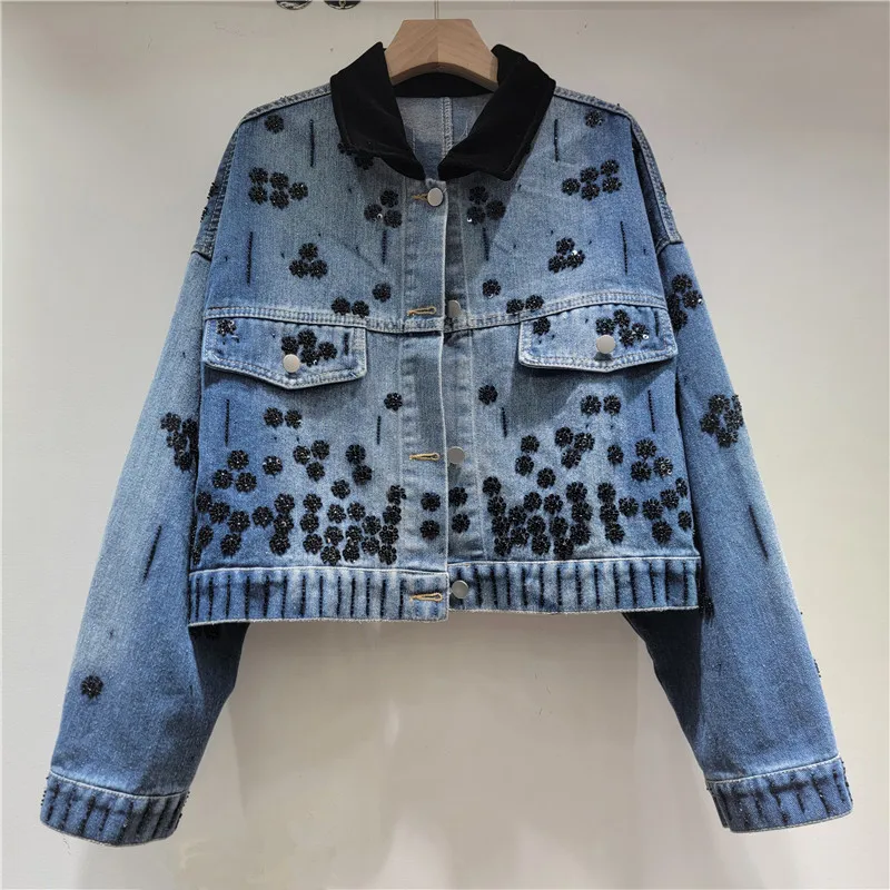 

Fashion Beaded Flowers Blue Short Jeans Jackets Coat Women Autumn Casual Contrast Color Lapel Long Sleeve Female Denim Jacket