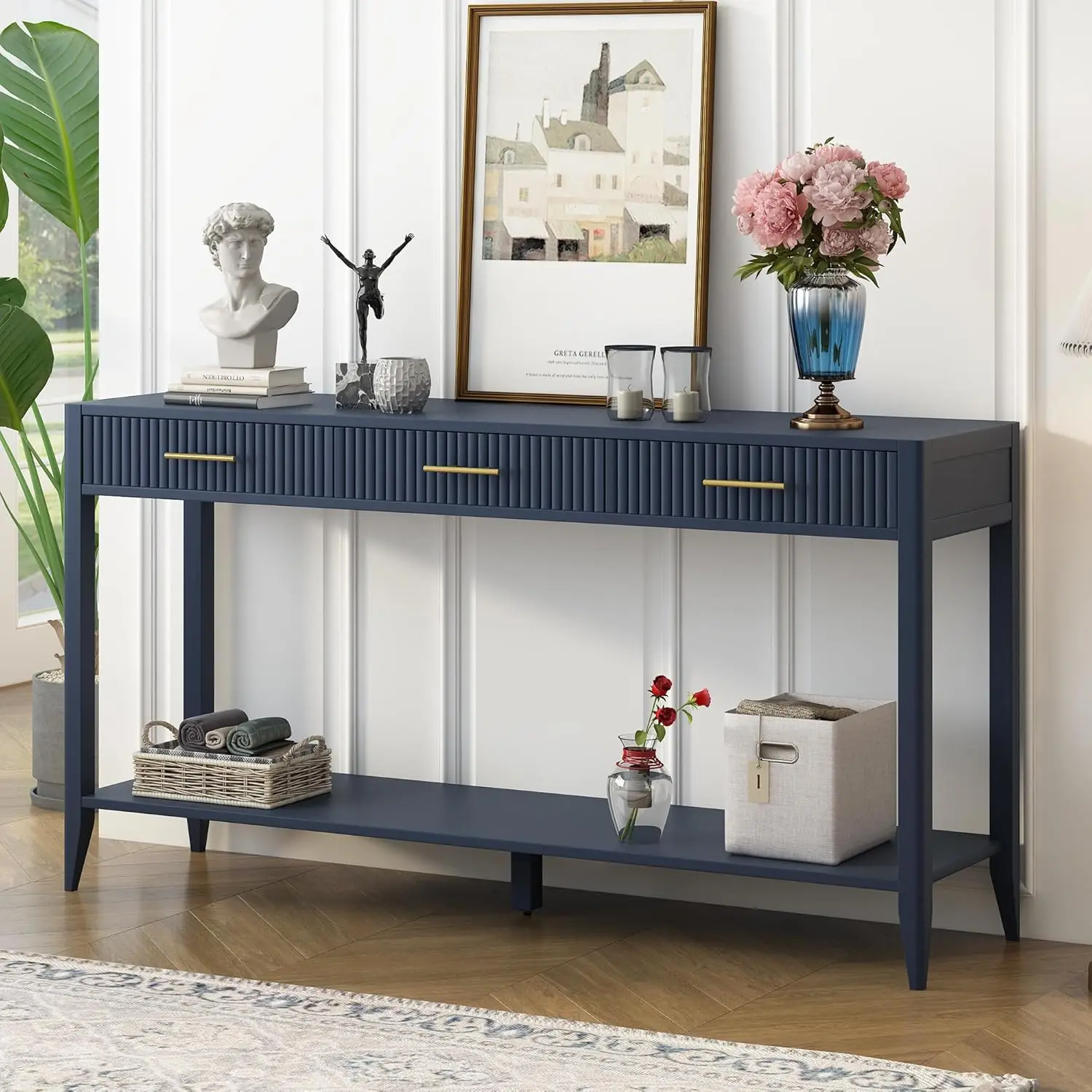 Modern Long Entryway Console Table with 3 Storage Drawers and Lower Shelf