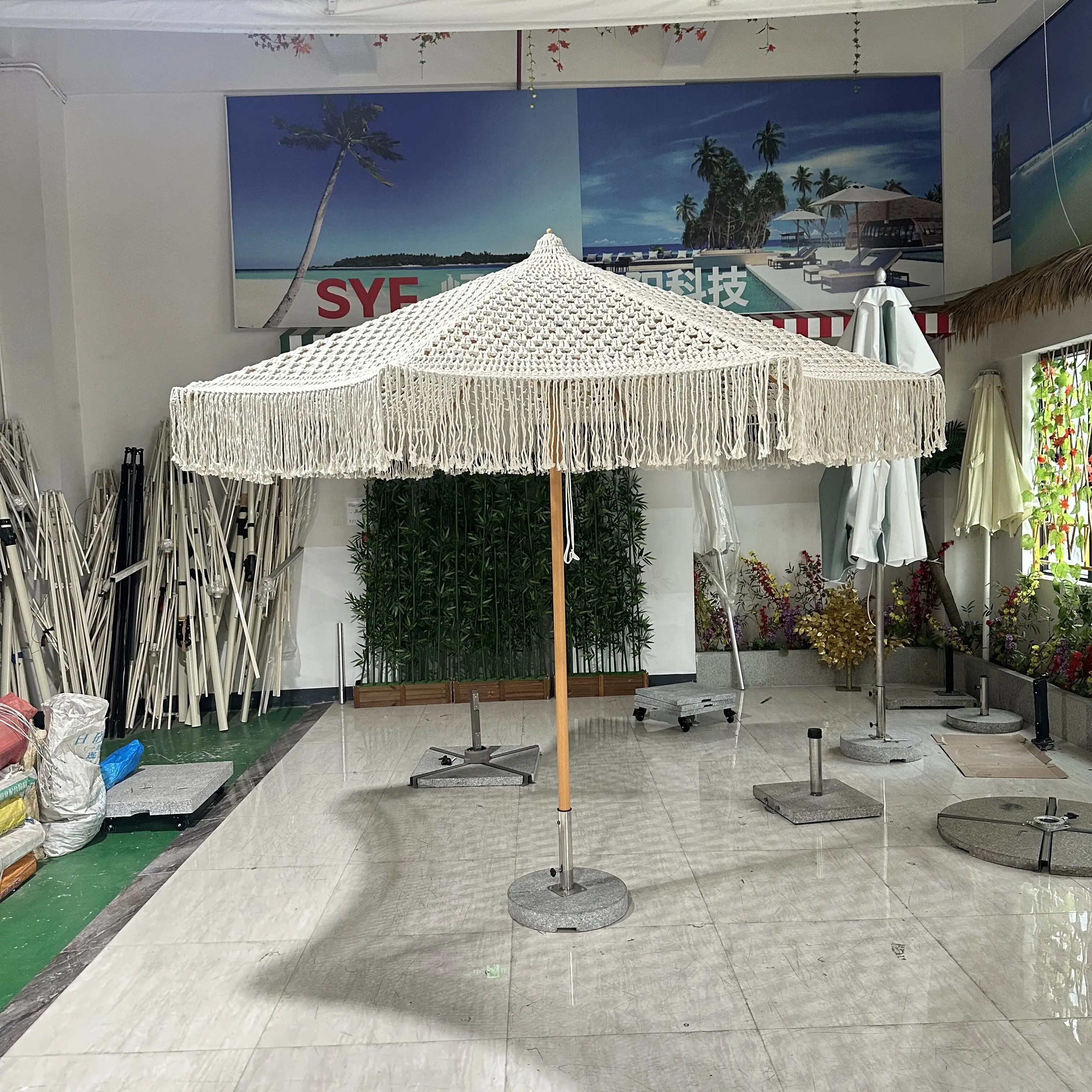Luxury Beach Outdoor Macrame Crochet Parasols With Fringes Resort Home Decor Boho Patio Umbrellas