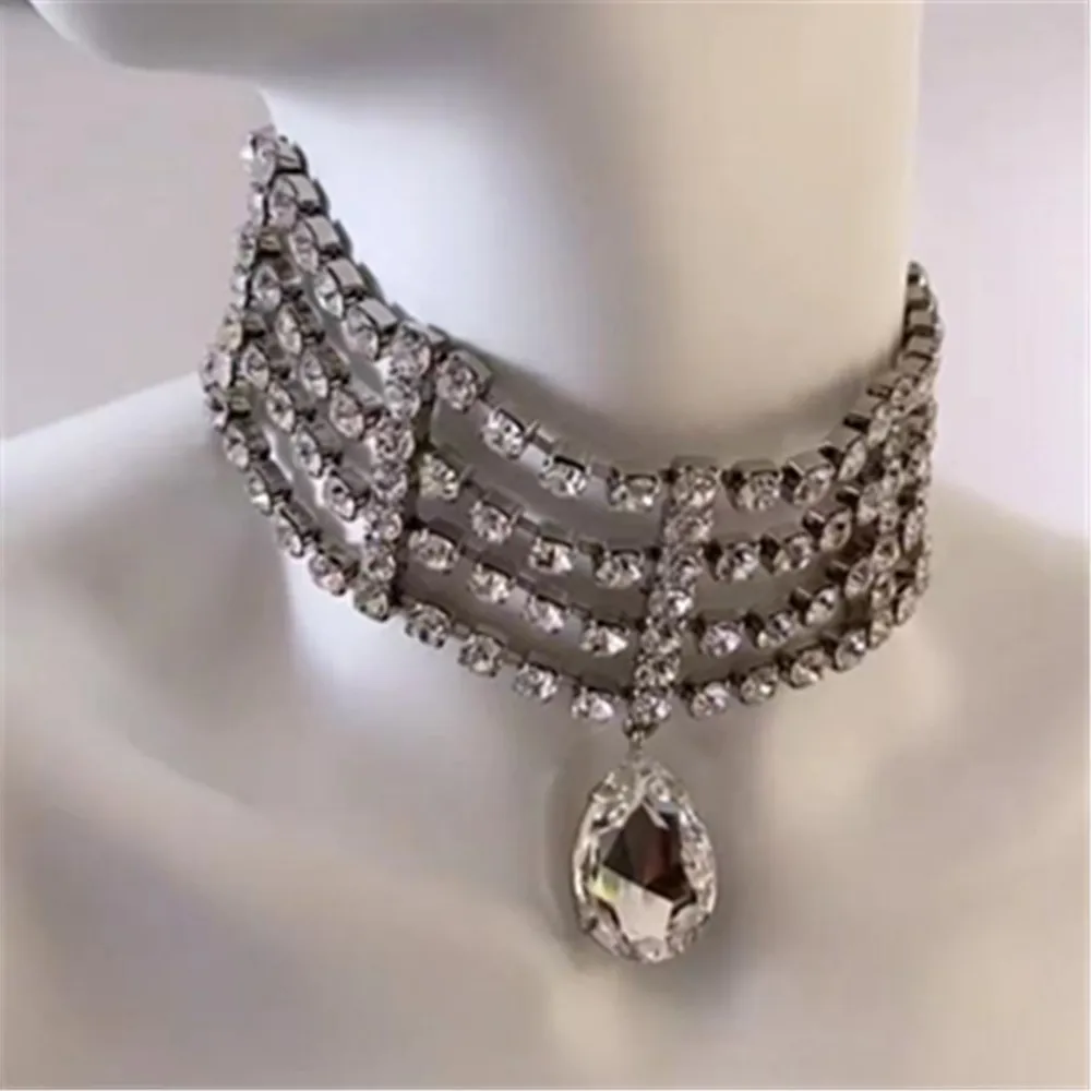 Crystal Hollow Choker Necklace Big Water Drop Pendant Necklace Weddings Jewelry for Women Rhinestone Multiple Rows Collar Choker