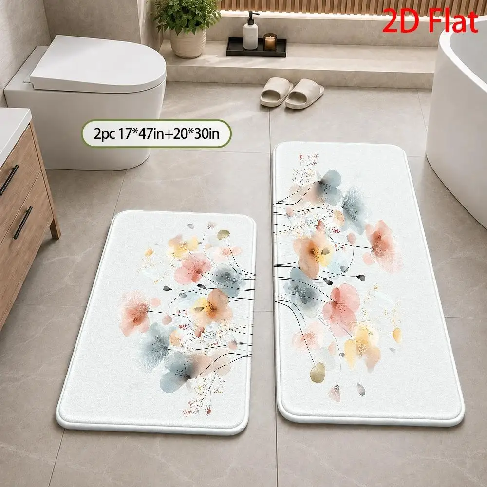 1pc/2pcs/3pcs Pastel Watercolor Floral Bath Rug Suitable for Bathrooms, Soft Abstract Flower, Machine Washable Thick Comfortable Mat Suitable for Kitchens, Bedrooms, Laundry Rooms, Modern Minimalist Decor, Durable, 2D Flat