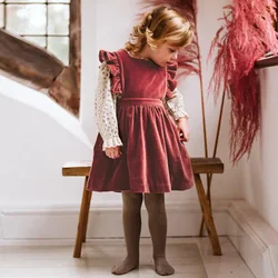Girls Sleeveless Wooden Ear Edge Velvet Vest Dress 2026 Autumn Winter New Baby Buckle Cute Dresses Children's Warm Clothes