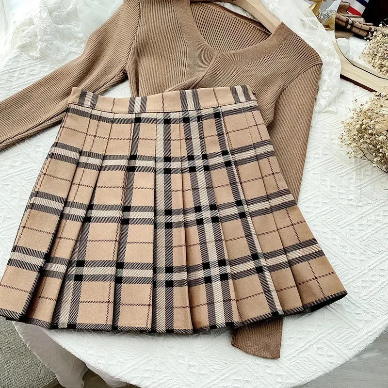 Plaid Streifen Rock Frauen koreanische hohe Taille Khaki All-Match Minirock süßes Mädchen Student Stil JK Uniform Falten rock neu