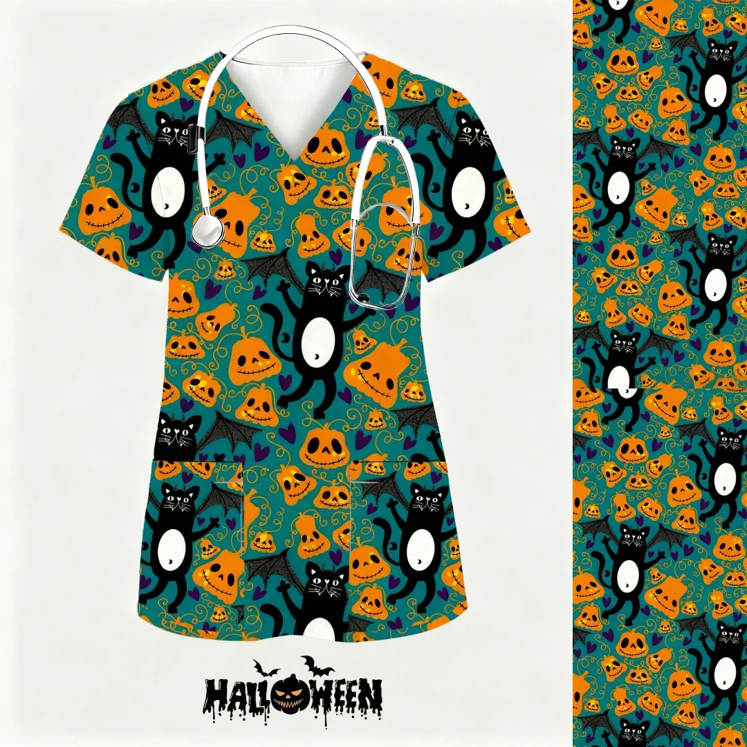 ハロウィン手術用ユニフォーム女性かわいいプリントカボチャ付きナース制服女性看護制服作業服制服メディコス