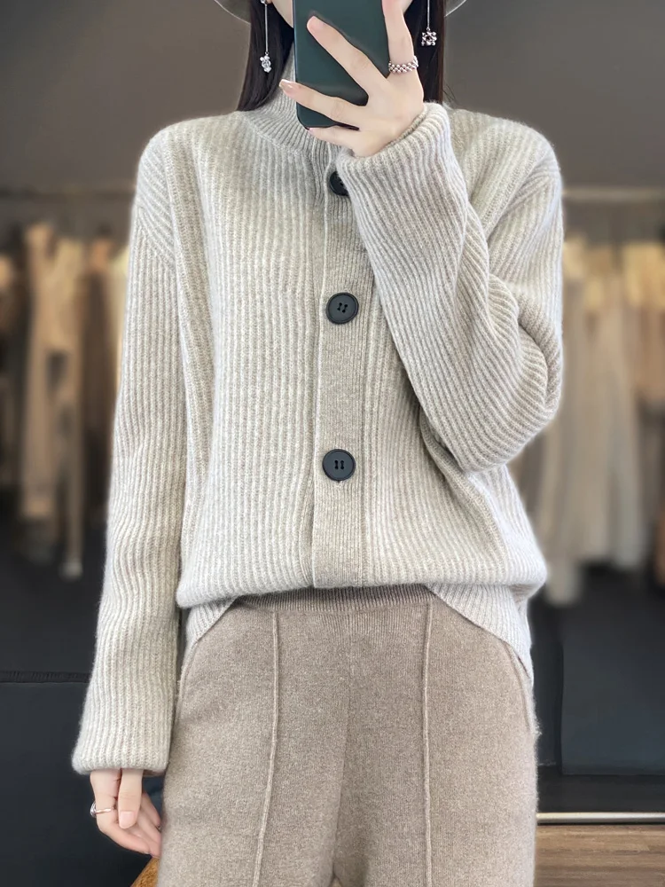 Spring Autumn New Women\'s 100% Wool Cardigan Turtleneck Loose Coat Female Casual Long Sleeve Knitted Cardigans Ladies Jackets