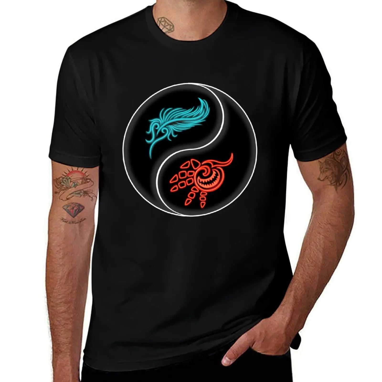 Feather and Hand Yin Yang - Neon Blue and Red T-Shirt shirts graphic tees oversized mens champion t shirts