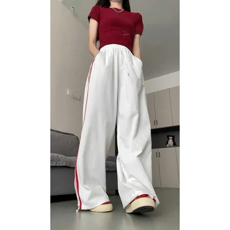 Nuevo 2025, pantalones blancos a rayas Qui Dry para mujer, pantalones finos de seda helada de verano, dos prendas de protección solar, pantalones de pierna ancha sueltos, pantalones coreanos Sle