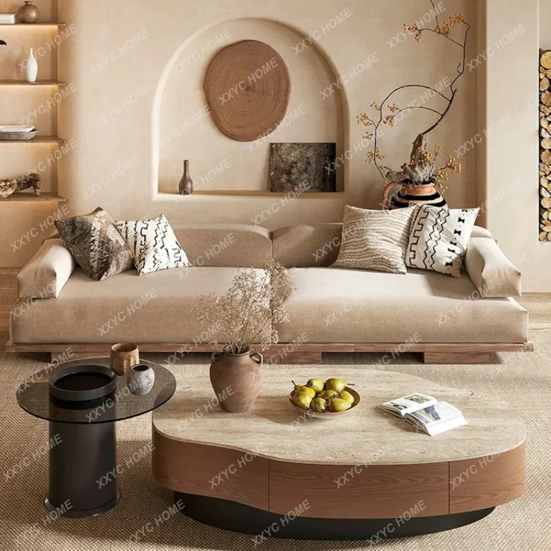XX wood grain special-shaped coffee table living room middle ancient oval solid wood storage coffee table combination