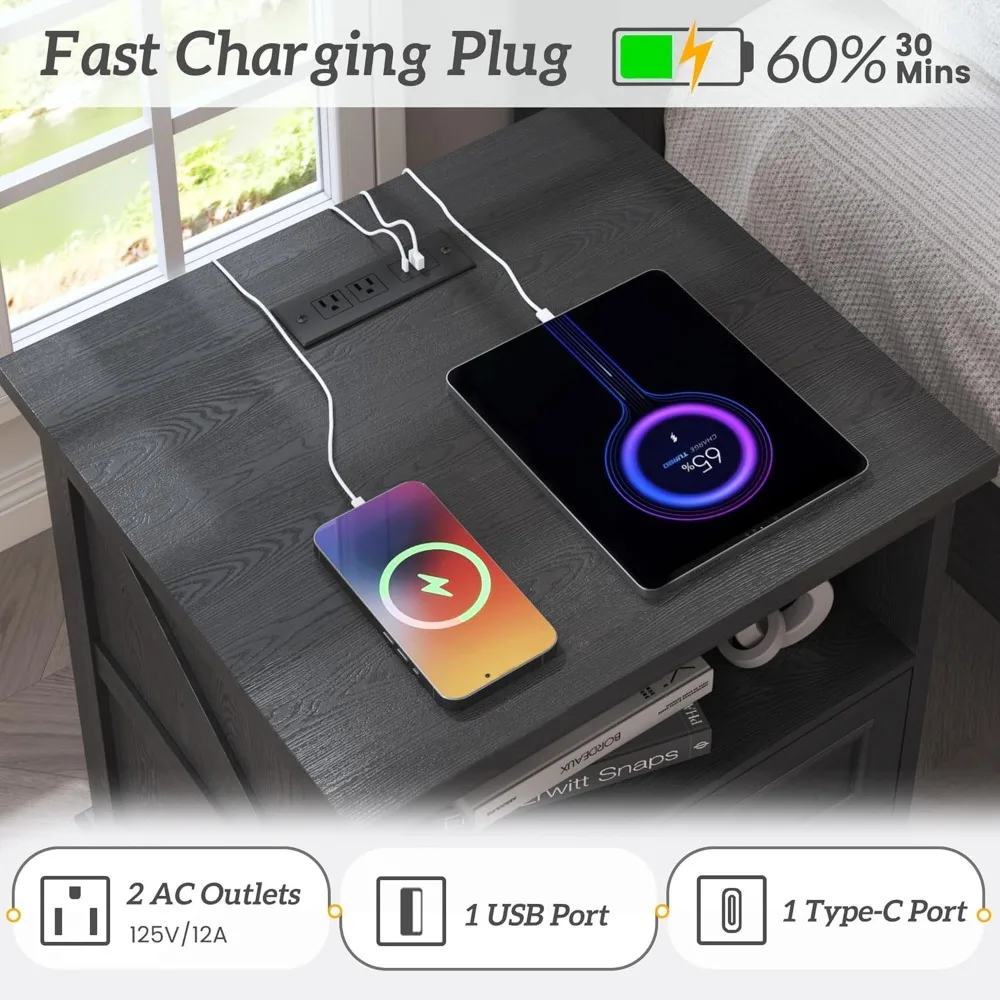 منضدة مزرعة بطول 24 بوصة، ومنضدة ليلية مع محطة شحن، وطاولة بجانب مع أدراج وتخزين مفتوح، وطاولات نهائية ريفية