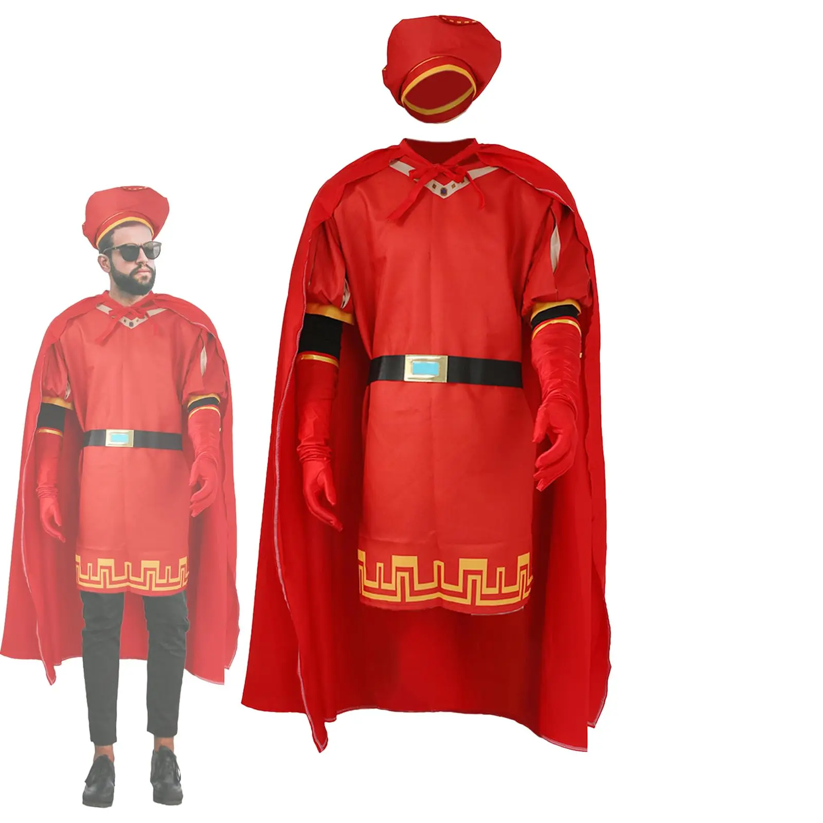 

Adult Lord Farquaad Costume King Outfits Set with Red Hat Cape Gloves Belt Fancy Dress Up for Halloween Party Cosplay