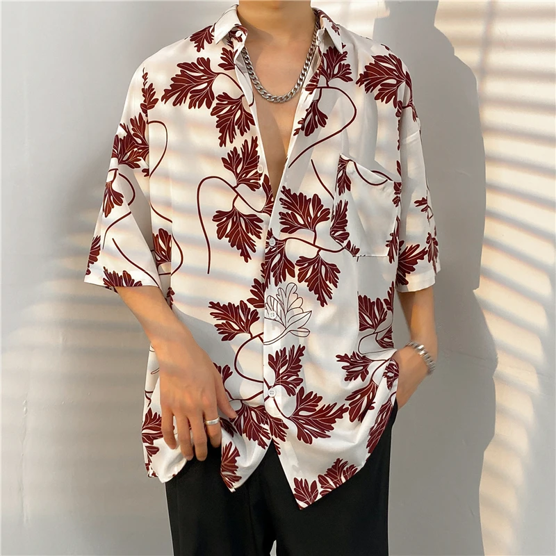 

Men's Clothing Summer Short Sleeve Lapel Fashion Flower Printed Loose Oversized Thin Casual All-match Simplicity Shirt A26