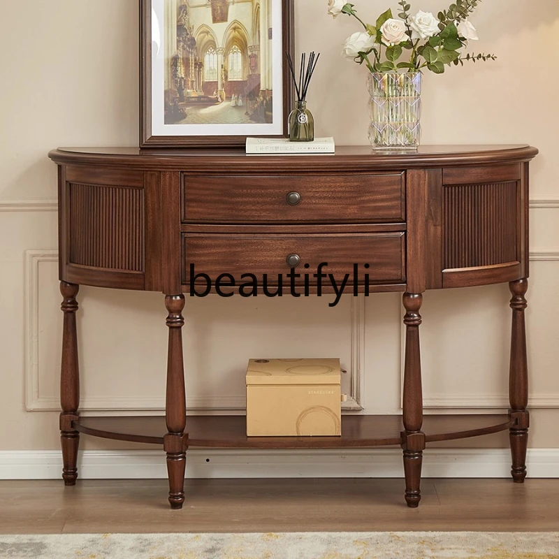 

Стол для прихожей из цельного дерева в американском стиле, черный орех, полукруглый стол для прихожей, приставной столик для прихожей, шкаф для хранения