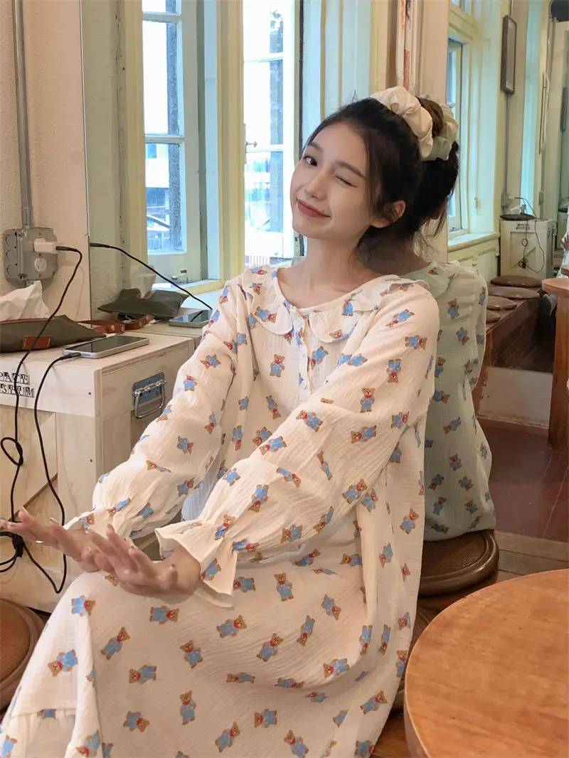 

Spring Autumn Long Sleeve Night Dress Women's Loose Long Skirt Summer Thin Pajama Round Neck Home Clothes Girl Korean Popular
