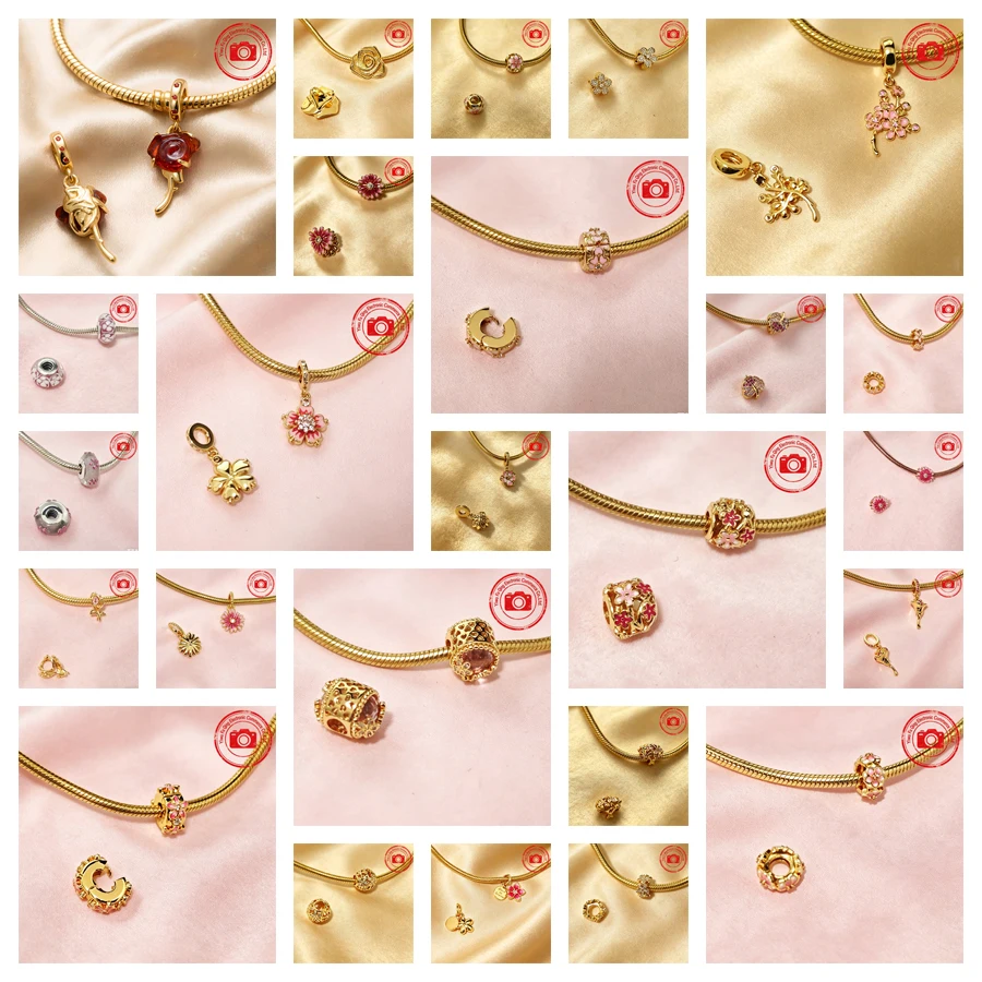 DIY Jewelry Original Flowers Charms Cherry Blossom Daisy Spacer Clip Lucky Clover Rose in Bloom Beads Fit Snake Chain Bracelets