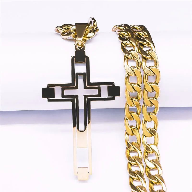 2024 Hip Hop Cross Stainless Steel Chain Necklaces Gold Color Long Pendant Necklace for Women/Men Jewelry collier homme N6055S05