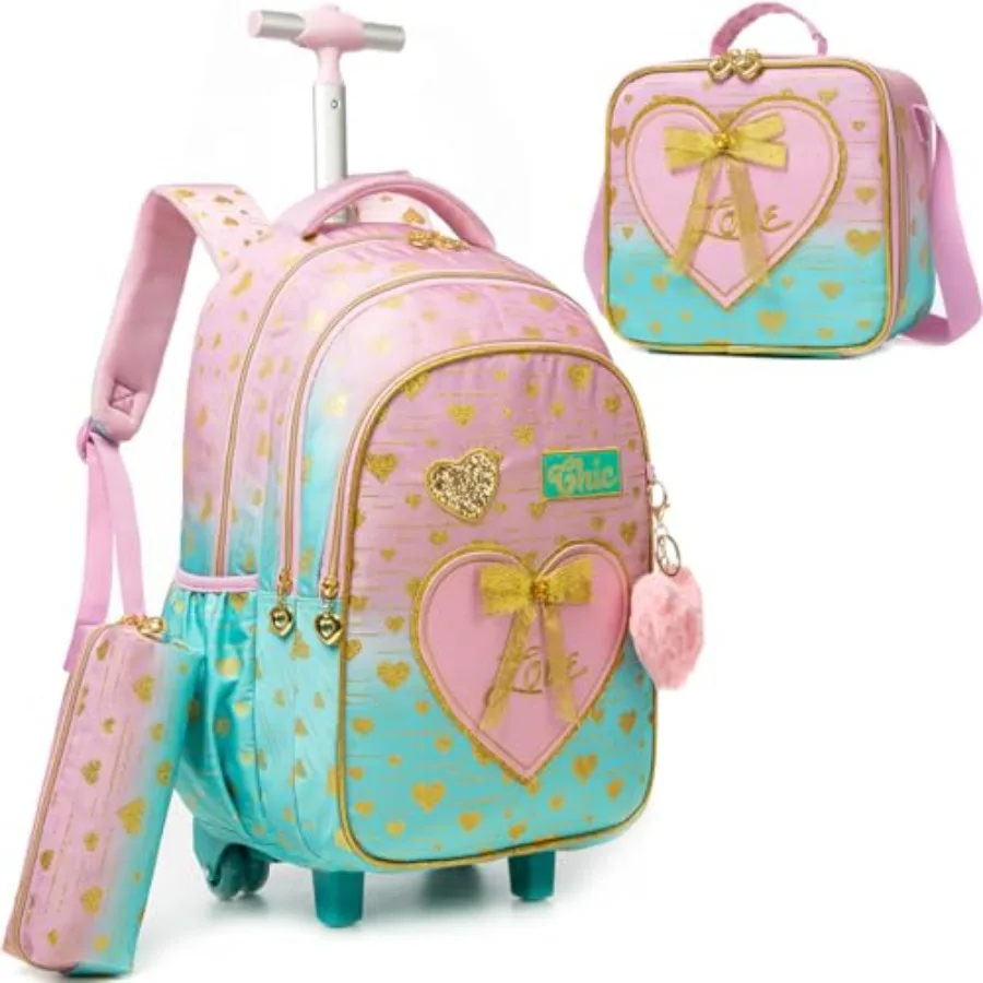 

Backpacks with Wheels for Girls Rolling Backpack with Lunch Box for Elementary Students Carry on Backpack Travel Suitcase Trip