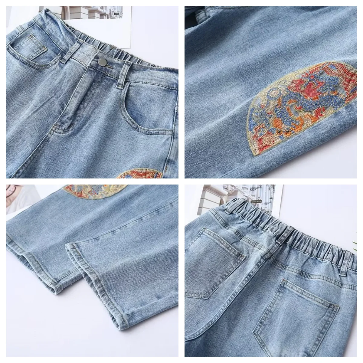 Chinese Style Embroidery Jeans Women 2024 Spring And Autumn Plus Size Loose Straight High Waist Pants