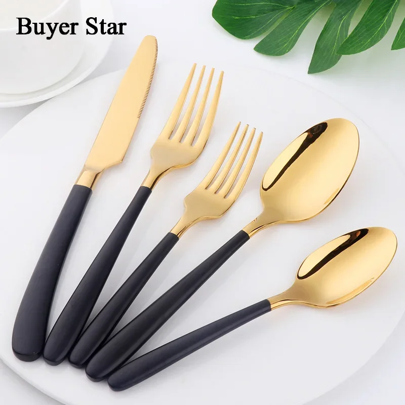 Buyer Star 20-Piece Flatware Set Stainless Steel 18/10 Cutlery Gold with Black Handle Service for 4 Home/Kitchen/Restaurant