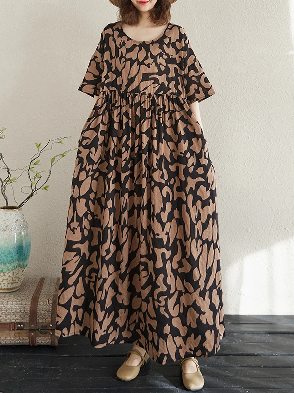 Summer New plus Size ort Sve round Ne Print Long Dr Faionable Simple Cross-Border Women's Dr Cotton Viscose Blend