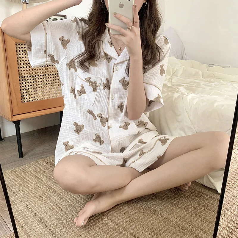 Cartoon Bear Summer Pajamas Set Women Kawaii Funny Home Suit Soft Single Breasted Kawaii Shirts + Shorts Set Two Piece Sleepwear