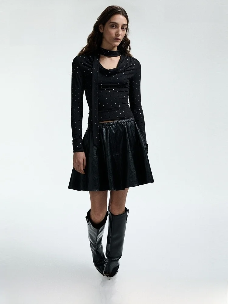 

Модная женская футболка с длинным рукавом, базовая модель, весенняя, с декоративным шарфом, элегантная, для повседневной носки, для работы, для свиданий, из полиэстера.