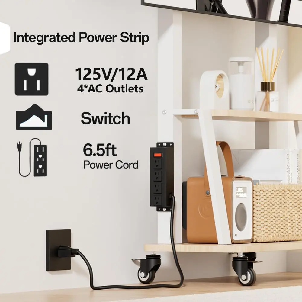 حامل تلفزيون متنقل مع مخرج طاقة، حامل تلفزيون محمول على رف خشبي على عجلات لتلفزيون 32 إلى 55 65 70 75 بوصة، ارتفاع قابل للتعديل #2