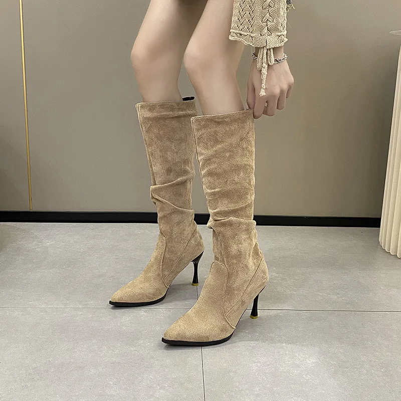 High-Top Flannel Pleated Long Boots For Women Pointed Toe Botas Largas De Mujer Stiletto High Heels Zapatos De Mujer Elegant