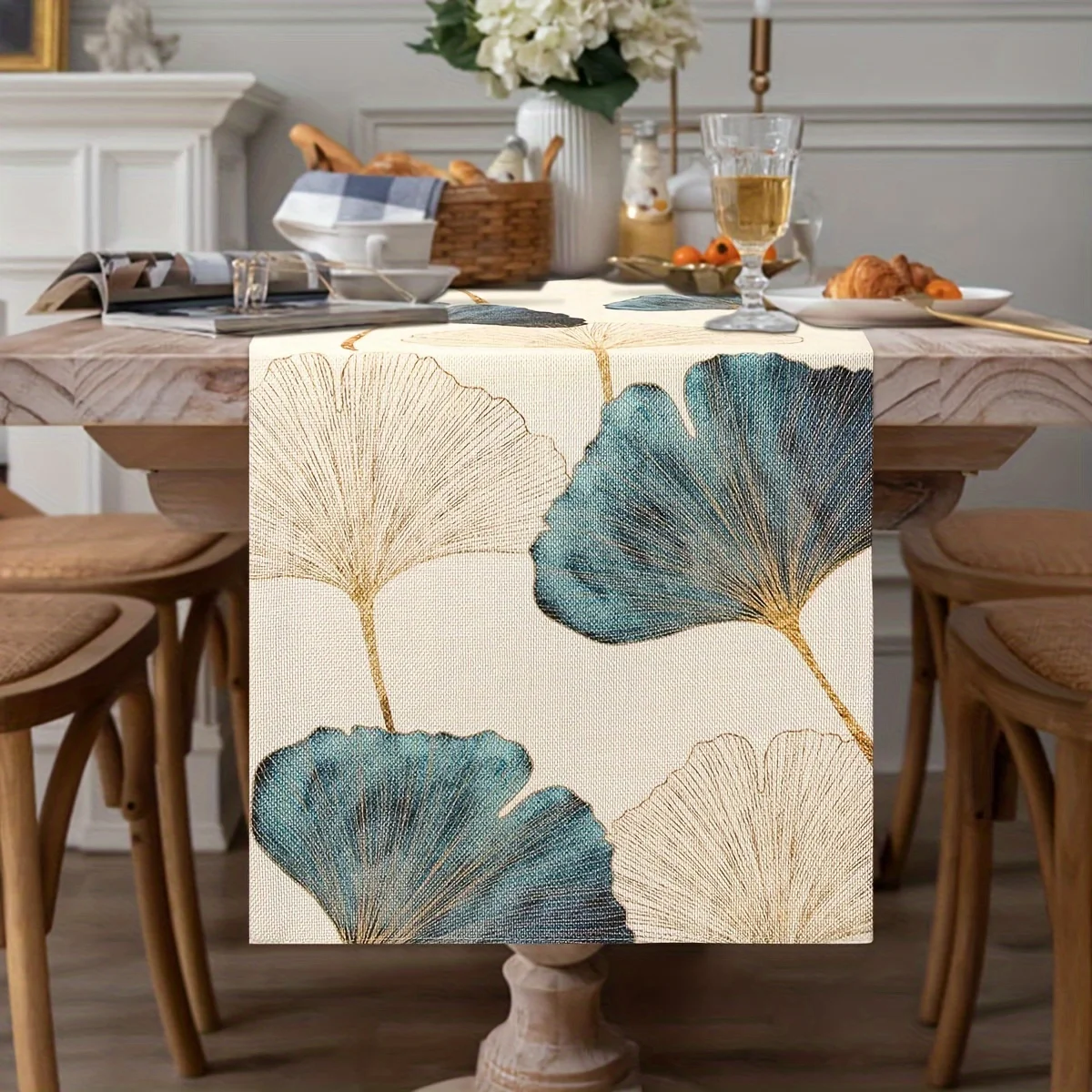 1 Piece of Blue-Green Gold and Silver Ginkgo Leaf Table Runner, Suitable for Farmhouse, Indoor, Kitchen, Celebrations, Table Decoration, Restaurant and Banquet Decoration Supplies