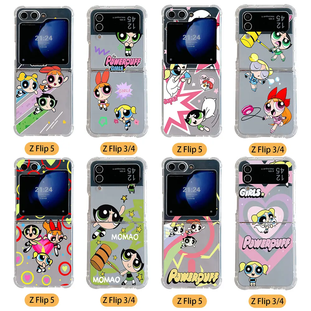 Cartoon The P-Powerpuffs Girls Phone Case for Samsung Galaxy Z Flip 3 4 Z Flip 5 6 Z Fold 4 5G PC Soft Anti-fall Back Cover