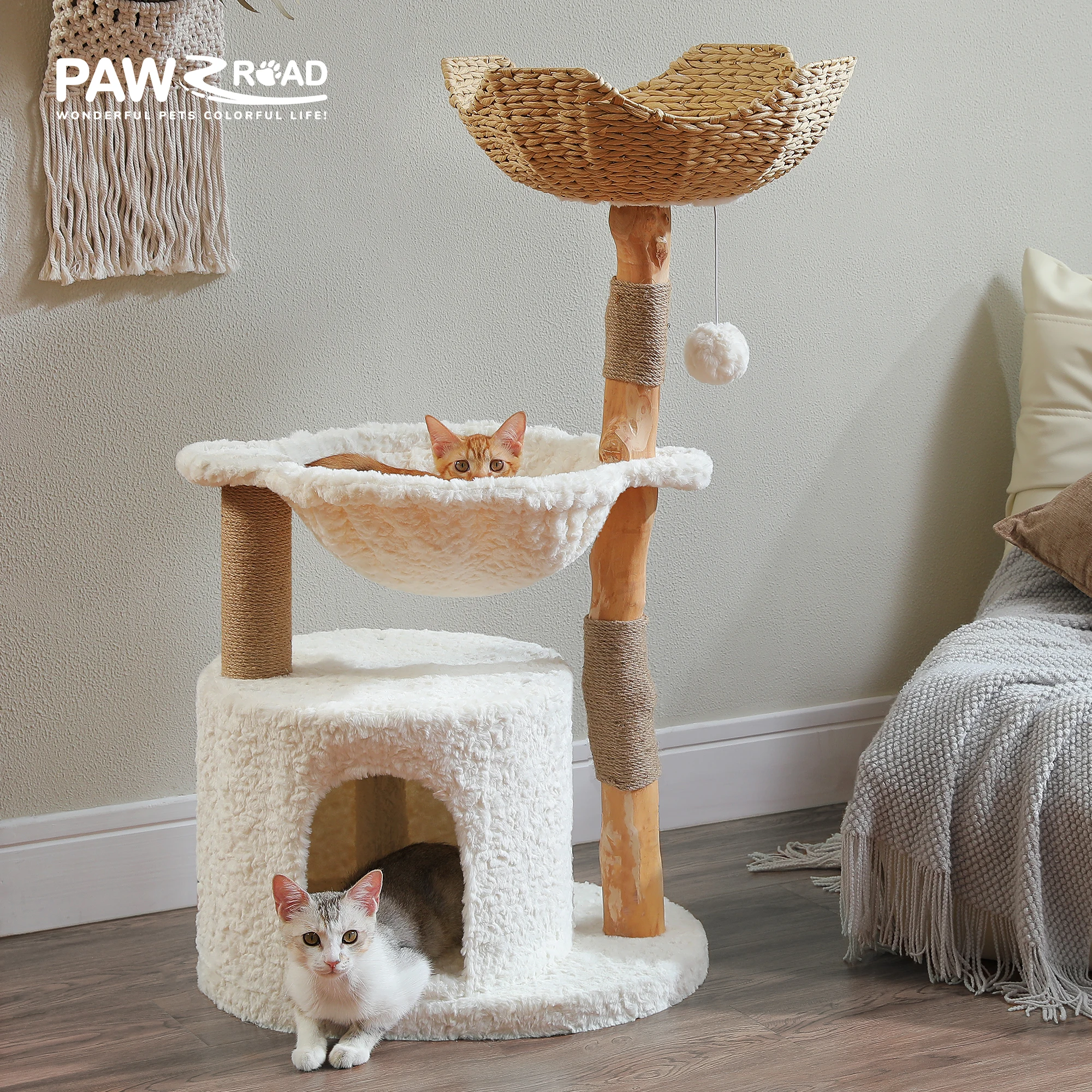 Modern Cat Tree for Large Cats Wood Tower for Indoor Cats Real Branch Luxury Cat Furniture with Super Large Cozy Condo Hammock