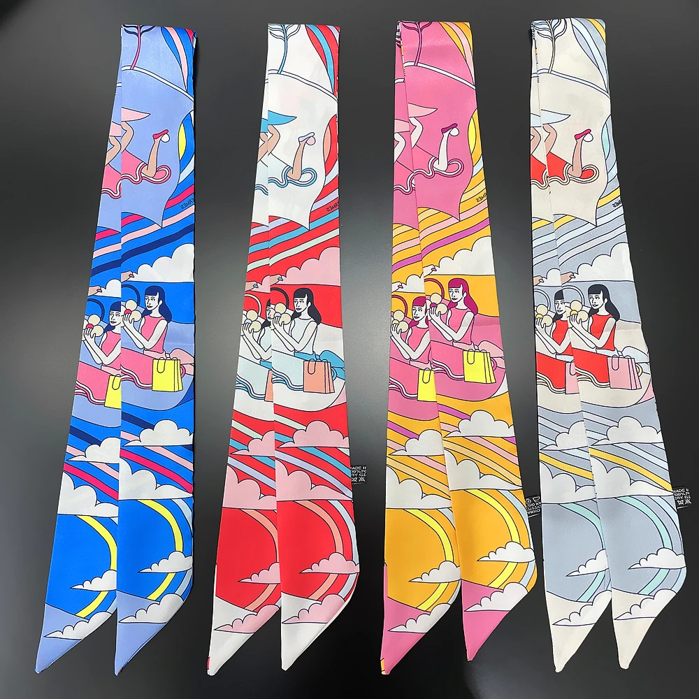 

2024 Cartoon Girl Print Women Scarf Luxury Brand Silk Scarf Fashion Headband Foulard Skinny Hair Bag Scarves Design Neckerchief