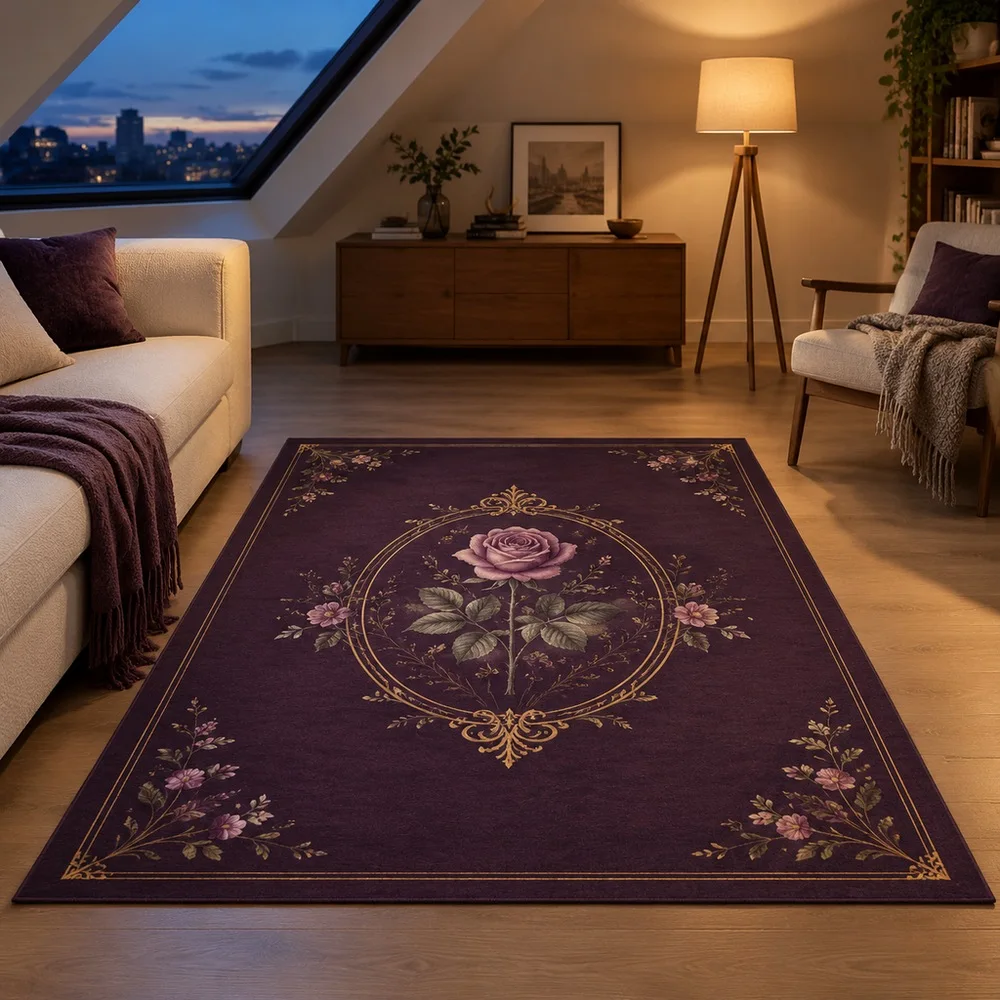 VIKAMA Door Mat Deep Plum Single Rose Botanical Sketch Cozy Stain Resistant Non Slip Entryway Sofa Guest Room Sunroom Home Decor