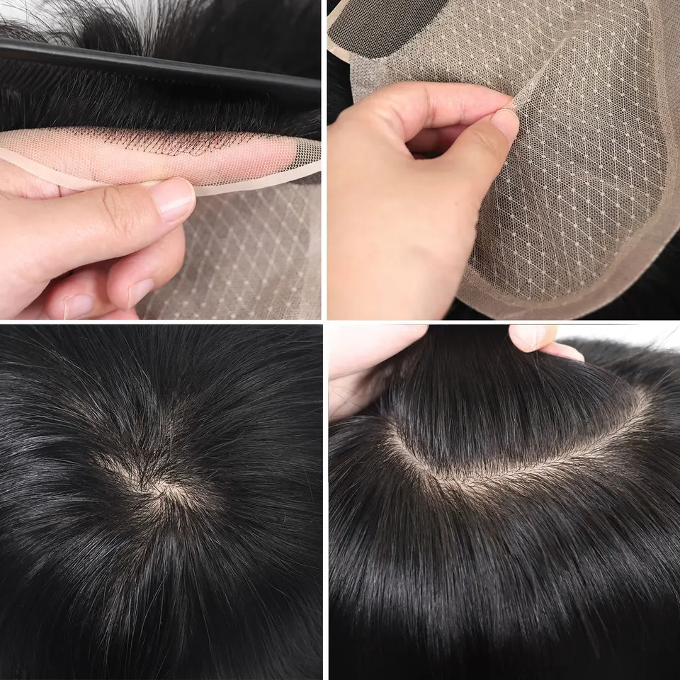 Toupee de cabello humano con base de encaje suizo y seda, baja densidad, realista, para hombre, prótesis 5
