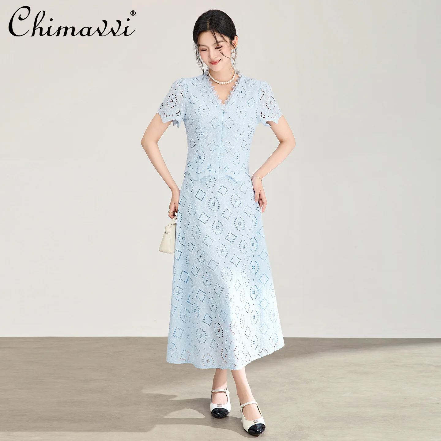 

French Elegant Fashion Socialite V-Neck Short Sleeve Lace Shirts High Waist A-line Long Skirts Two-piece Sets Women Summer 2026
