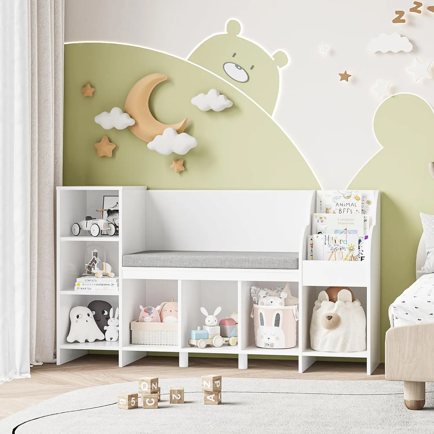 Kids Reading Nook Nursery Estante e Estante com Banco, Livro Prateleira Organizador com Almofada do assento e 6 Cubbies Armazenamento