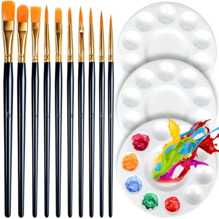 

Round Paint Tray Palettes and Paint Brushes Set, Paintbrushes, 3 PCS Plastic Paint Palettes Pallets, 10 PCS Acrylic Paint Brush