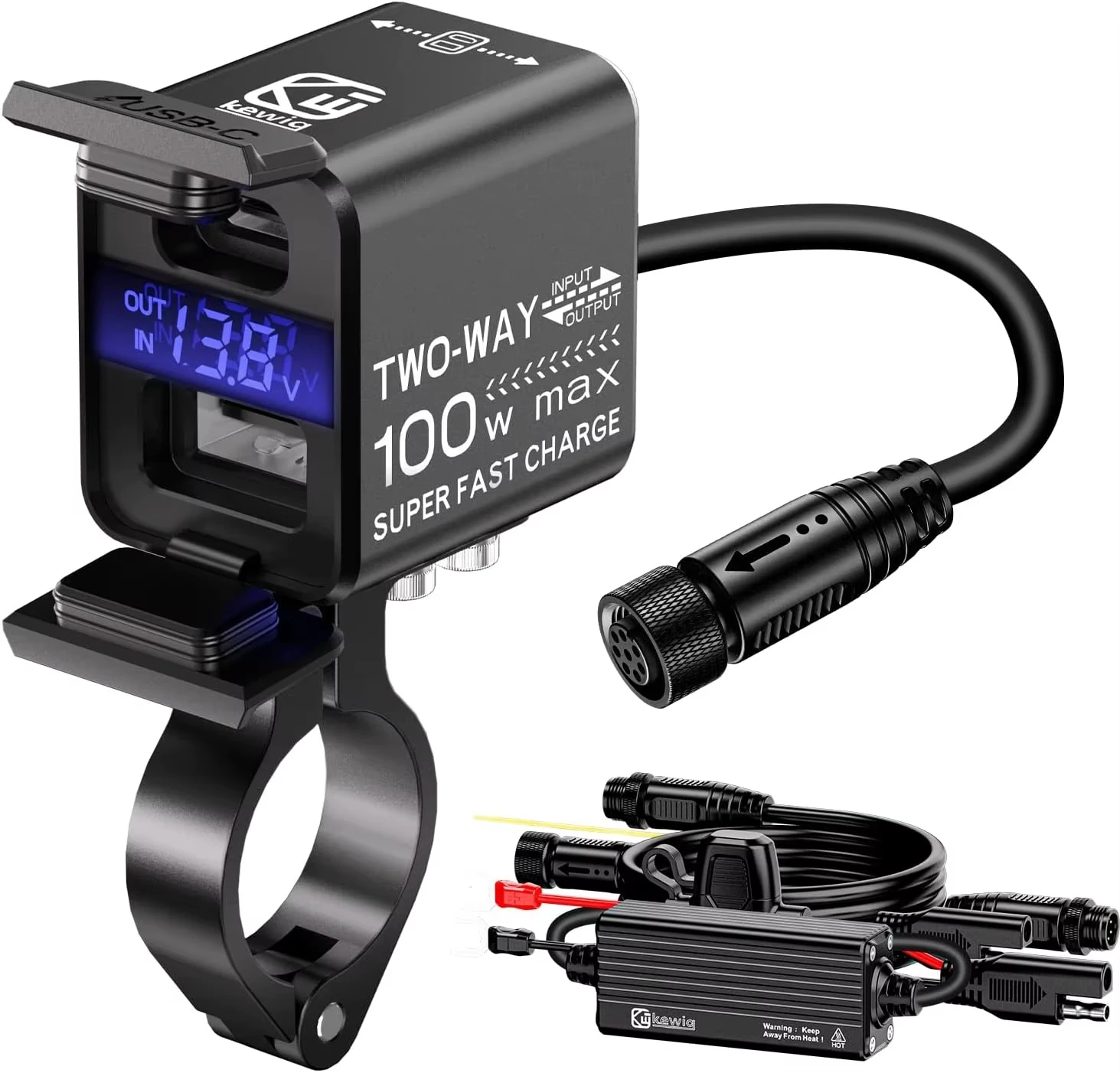 

KEWIG Мотоциклетное USB-зарядное устройство 100 Вт Быстрая двусторонняя зарядка Dual PD Type C и QC 3.0 Зарядное устройство для мотоцикла с водонепроницаемым вольтметром