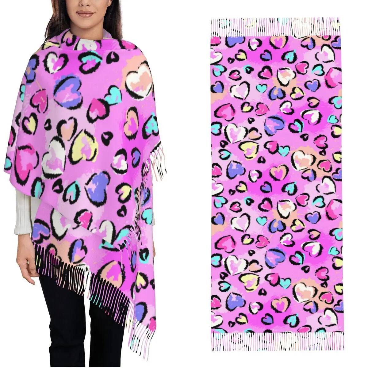 Womens Tassel Scarf Pink Heart Leopard Print Large Winter Warm Shawl Wrap Cheetah Skin Daily Wear Pashmina Scarves