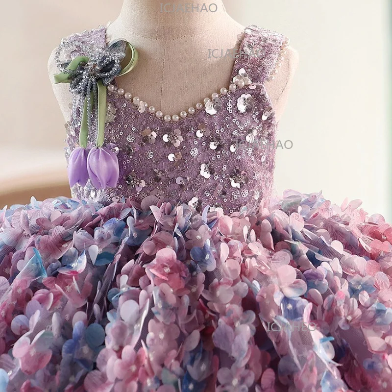 2026 Party Dress Summer New Fashion Floral Sleeveless Kids Host Princess Gown Costume Cute Sweet Purple Children Girls Birthday view 5