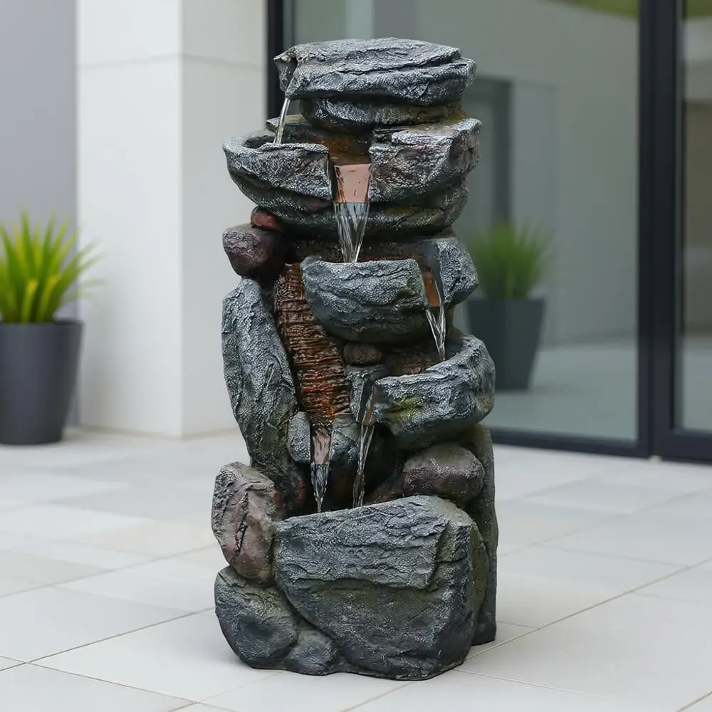 

The 5-Tiered Rock Water Fountain Outdoor&Indoor, 31.5’’H Floor-Standing Garden Fountains, Stone Feature and Waterfall with Light