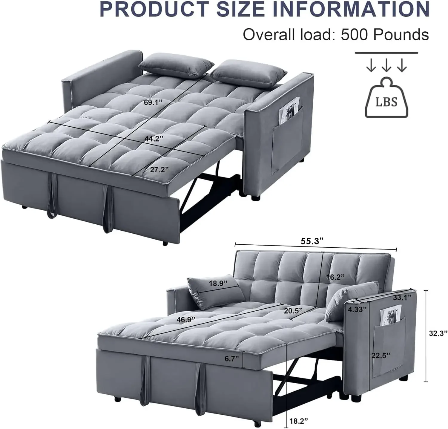 Pull Out Couch, 55.3'' Convertible Futon Sofa Bed, Velvet Sleeper Loveseat with Pillows, Pockets, Small Sofa for Liv