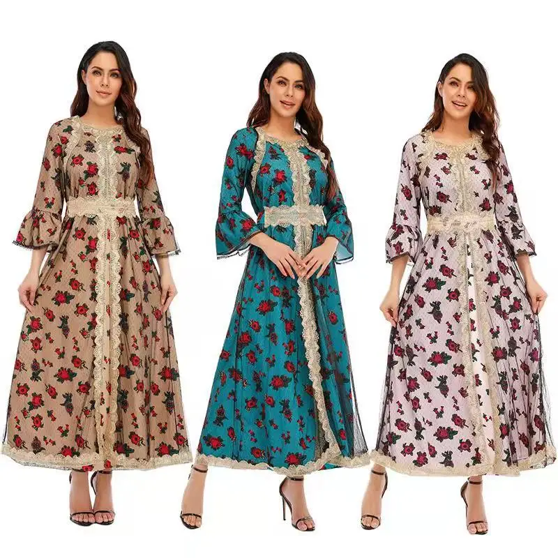 

Autumn New High Quality Women Fashion Muslim Abaya Dress New National Printing Embroidered Lace Mesh Muslim Dress